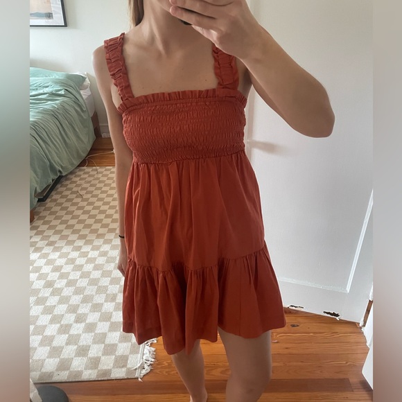 Abercrombie and Fitch Smocked Shirred Ruffle Tiered Mini Dress XS Rust Orange - Picture 1 of 9